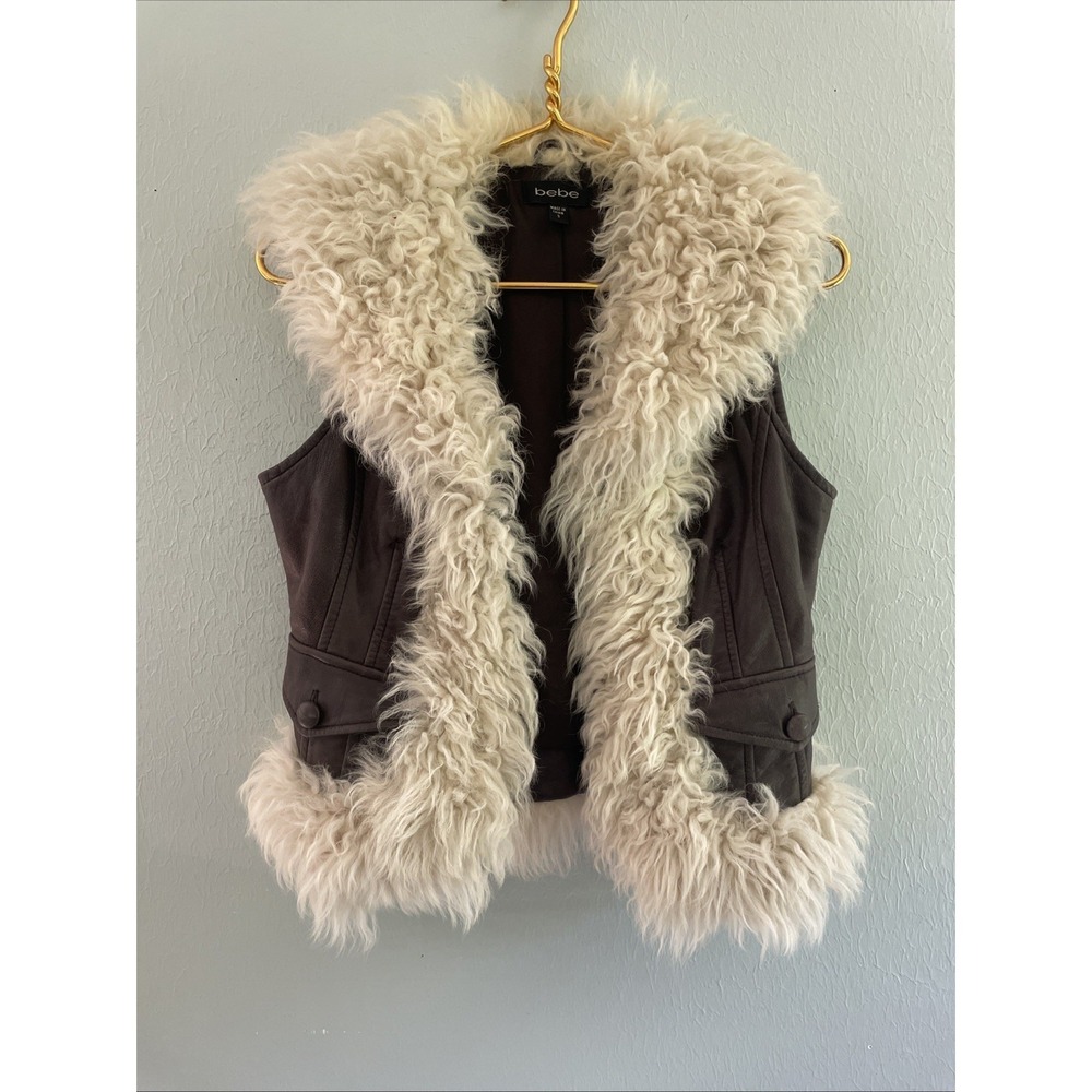 Vtg Y2K Bebe Brown Leather Vest Shearling Fur Trim Size M Boho Festival Penny Ln